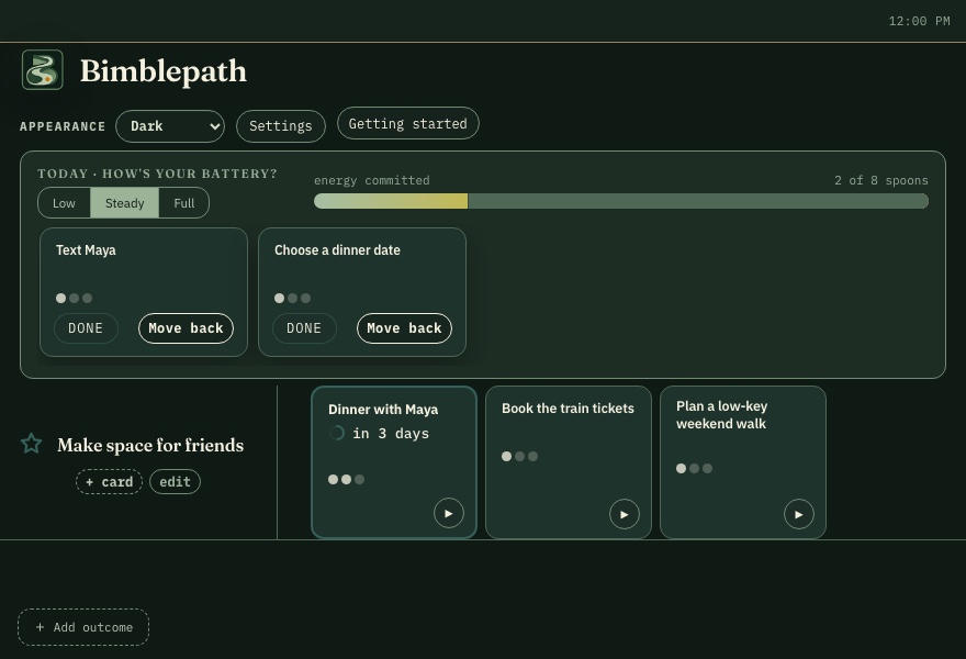 Bimblepath — Mac planning app showing today's energy capacity, Today cards, and an outcome lane.
